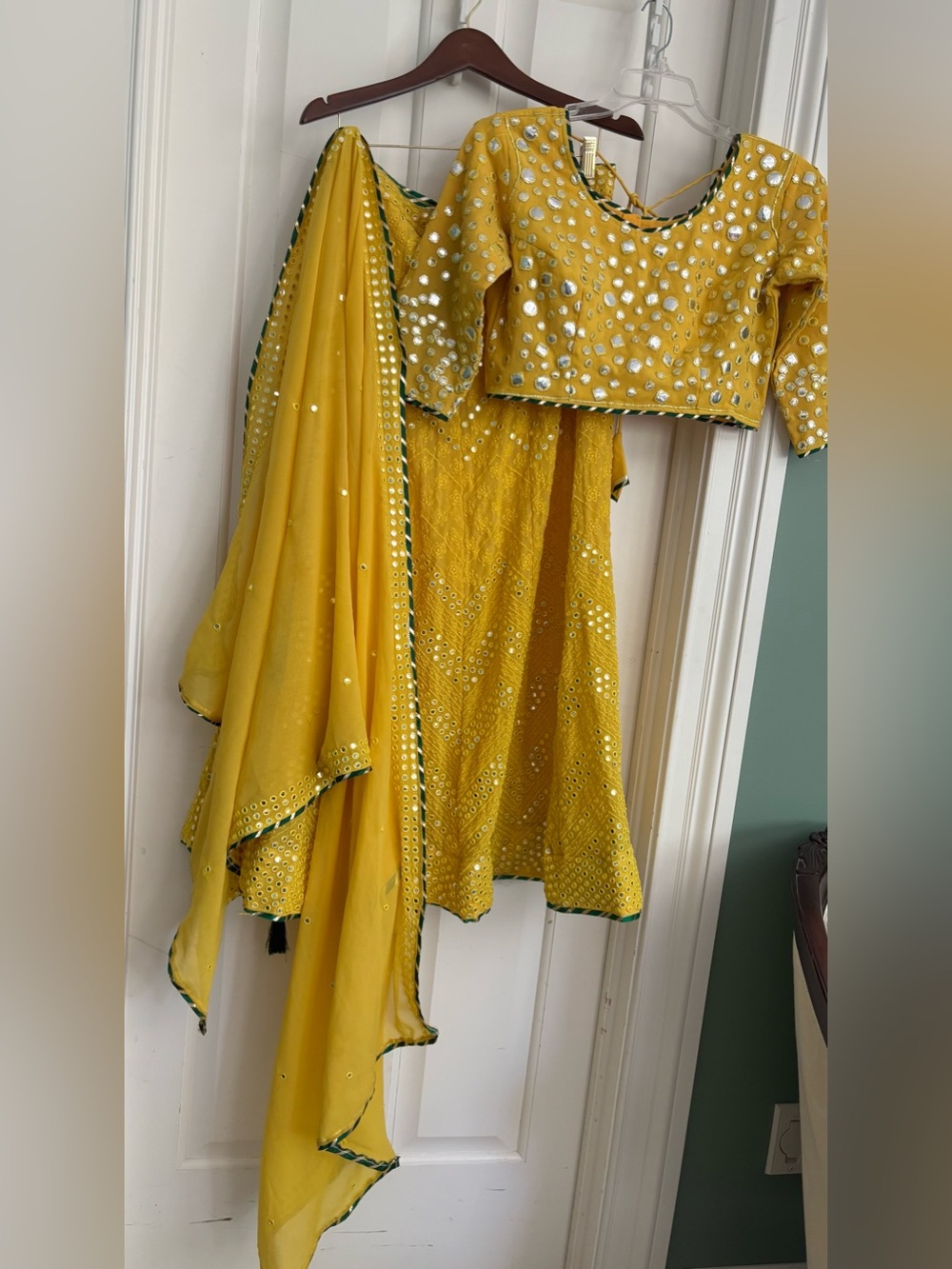 Yellow designer three piece Mirror work Lehenga Set large size new beautiful
